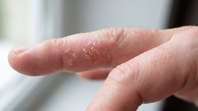 Close-up of dyshidrotic eczema blisters on a finger. Illustrates common skin conditions, dermatological issues, and the importance of skin health and treatment.