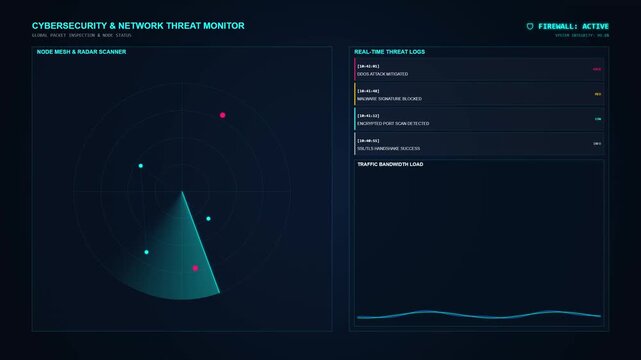 Futuristic Cybersecurity Network Threat Monitoring Dashboard Interface for Digital Security and Data Protection