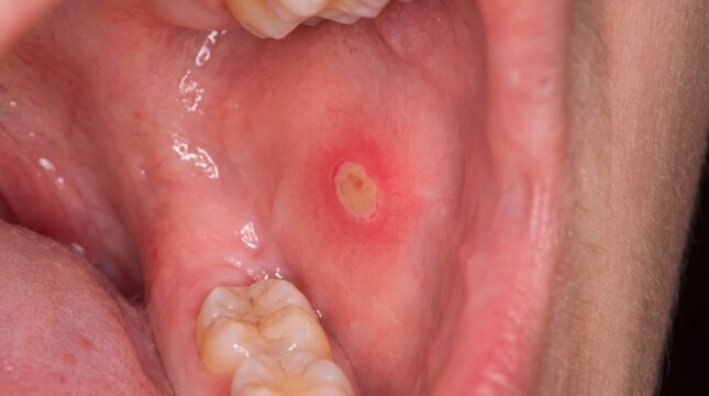 Painful canker sore inside human mouth showing inflamed red tissue surrounding a yellowish ulcer