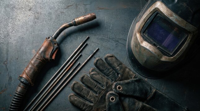 Welding gear knolling with mig welder nozzle, rods, leather gloves and auto darkening helmet on steel workshop table