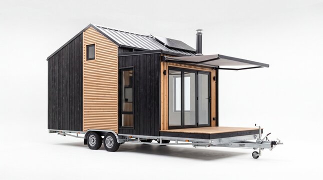 Modern wooden tiny house on wheels with solar panels and metal roof on white background