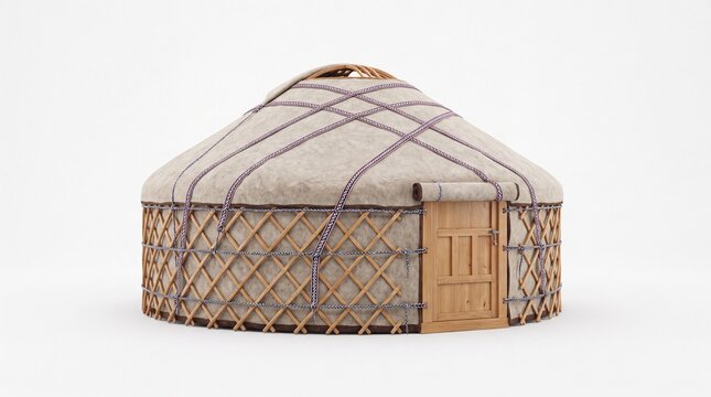 Traditional nomadic yurt tent featuring wooden lattice walls and canvas roof covering on white background