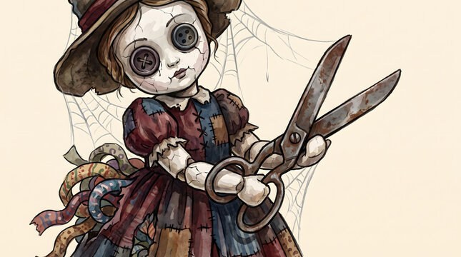 Creepy gothic rag doll with button eyes holding large rusty scissors against spiderwebs