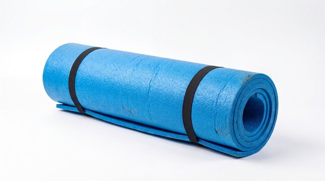 Blue camping mat rolled up and secured with black elastic straps on white background