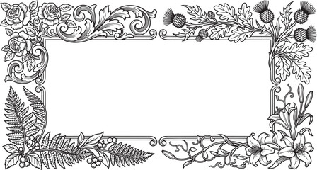 Obraz premium Rectangular decorative frame with detailed floral corners featuring roses, thistles, lilies, and ferns, black and white