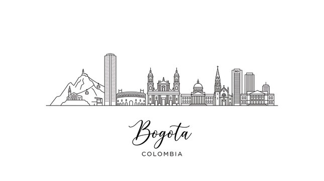 Elegant minimalist line art depiction of Bogot?'s skyline highlighting iconic landmarks and diverse architectural styles in