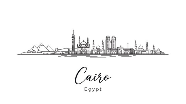 Minimalist Cairo skyline illustration showcasing iconic pyramids and modern skyscrapers representing Egypt's historic and