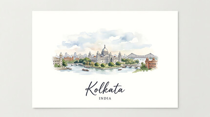 Obraz premium Watercolor depiction of Kolkata's iconic cityscape featuring historic architecture and bustling river scene capturing the