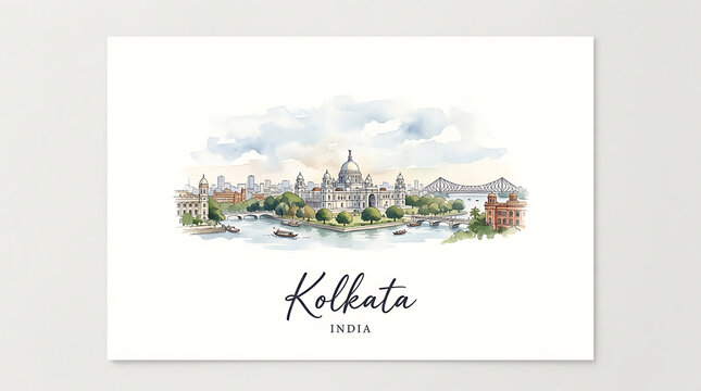 Watercolor depiction of Kolkata's iconic cityscape featuring historic architecture and bustling river scene capturing the