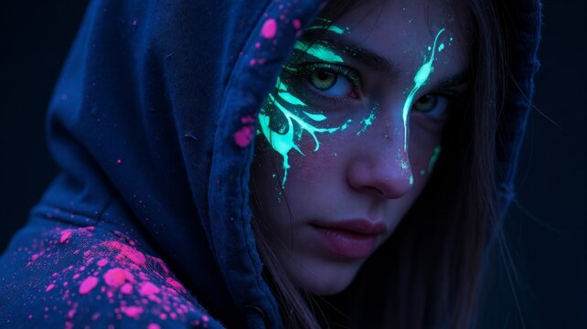 Glowing face paint and dark hood create eerie, futuristic vibe