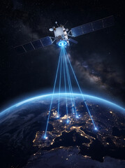 Fototapeta premium Satellite orbiting in outer space beaming bright blue laser signals down to major european cities on earth at night for global connection.