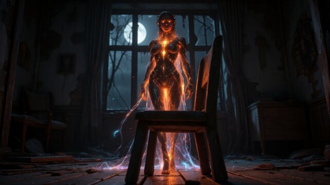 Glowing Spectral Figure in Abandoned Room