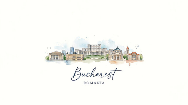 Panoramic skyline of bucharest displaying diverse architectural styles capturing urban landscape in romania with elegant script