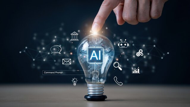 Artificial intelligence concept with a human finger touching a glowing light bulb containing an ai microchip circuit board surrounded by floating digital technology