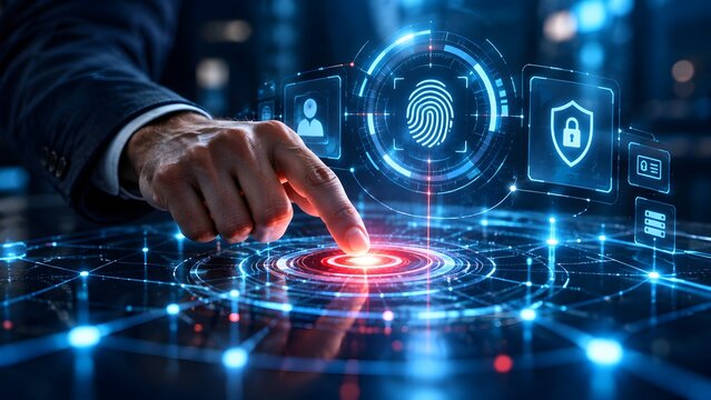 Businessman s finger touching a glowing red button on a futuristic digital interface activating biometric fingerprint security and data protection icons.