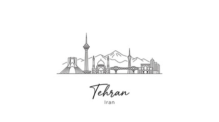 Fototapeta premium Minimalist line art illustration showcasing the skyline of Tehran with iconic landmarks and mountain backdrop emphasizing urban