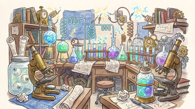 Artistic illustration of a messy steampunk laboratory with bubbling flasks and vintage microscopes