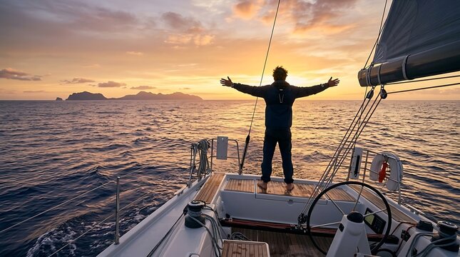 Sailor standing on sailboat deck with arms outstretched enjoying sunset over ocean, freedom and adventure travel concept, wide angle view