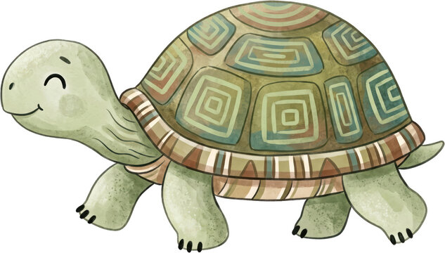 A cute watercolor cartoon turtle walking with a detailed patterned shell featuring soft green and brown tones in a friendly design suitable for children illustration