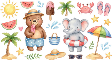 Fototapeta premium Watercolor summer elements set featuring cute animals wearing swimwear palm trees sun watermelon slices ice cream beach accessories and toys bear elephant