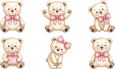 Fototapeta premium Watercolor set of cute teddy bears wearing pink bows and holding small presents in different poses toy animal stuffed fluffy ribbon gift collection baby