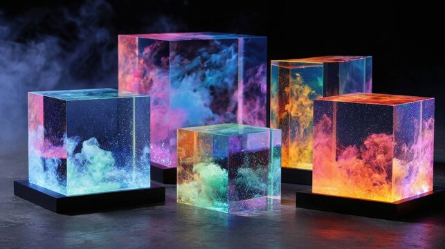 Modern glass cubes illuminated with vibrant swirling colors and abstract light effects creating an artistic display