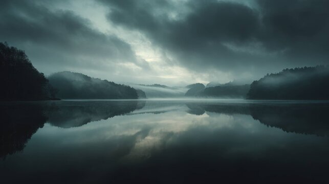 Thick ancient fog rolling over a tranquil lake reflecting dramatic clouds and distant misty mountains