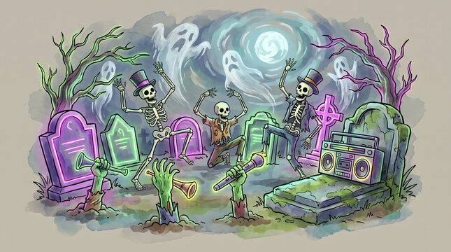 Skeletons dancing with ghosts in a neon cemetery with a boombox for Halloween party celebration