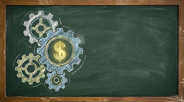 Gear wheels with dollar sign drawn in white and yellow chalk representing financial mechanism and business investment growth