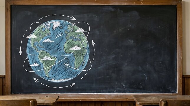 Globe earth illustration on blackboard white chalk drawing with orbiting arrows for global business climate concepts