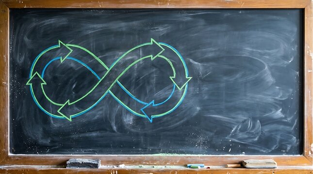 Infinity loop arrows hand drawn in green and blue chalk on blackboard representing continuous process and circular economy