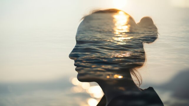 Artistic double exposure portrait of a young woman profile silhouette blended with rippling ocean water surface at sunset reflecting golden sunlight and calm mood