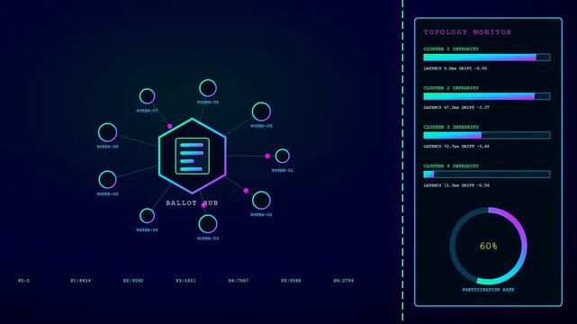 Digital displays showcasing an interactive poll with dynamic circular progress bars and network node graphics floating across a deep blue environment for modern data analytics visualization