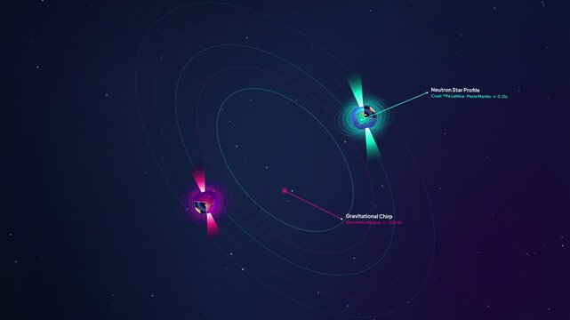 Animation of a cosmic gold forge kilonova showing neutron star collision, gravitational chirp, contact shear, r-process quark transmutation, heavy element creation, and a Kerr black hole