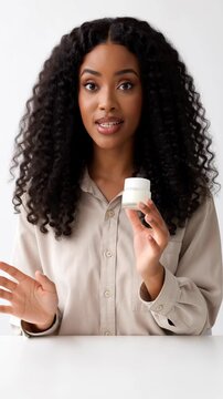 young black woman holding white skincare cream jar while talking to camera and demonstrating cosmetic product for beauty blog