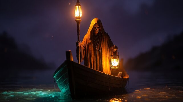 Grim Reaper Navigating a Boat with Lanterns on Dark Waters
