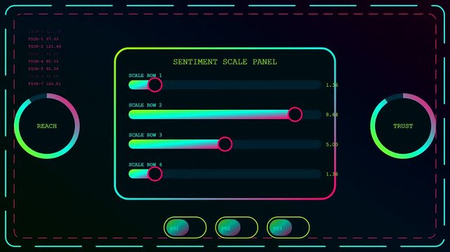 An interactive poll interface displays shifting data sliders with glowing neon lines across three synchronized panels that pulse with rhythmic motion and vibrant colorful light energy