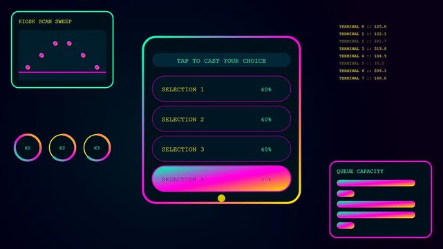 An interactive poll interface displays selection progress and data streams on a sleek digital screen set against a dark moody atmosphere for modern user analysis
