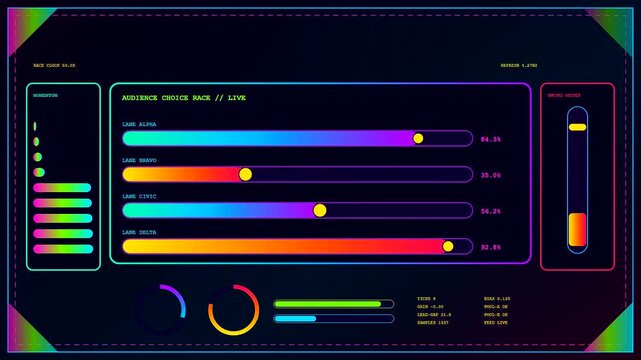 A digital interactive poll display shows progress bars with fluctuating light levels and shifting gradient colors as data moves across three distinct screen interface panels
