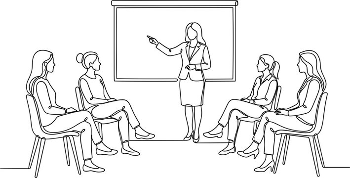 line art illustration of a business presentation with a speaker and attendees in a meeting.