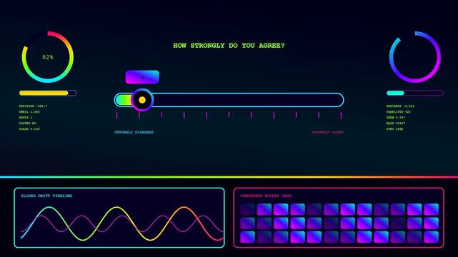 An interactive poll visualizes data trends across three digital panels using neon glowing wave graphs and colorful sliders for measuring audience sentiment during a live broadcast