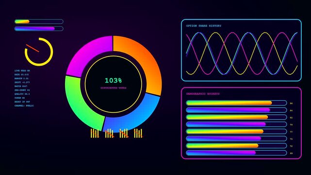 Interactive poll interface with animated neon data charts shifting across triple frames showing live statistical analysis of user engagement metrics displayed in a modern virtual environment