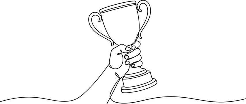 Single continuous line art drawing of a human hand holding a trophy cup.