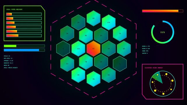 An interactive poll visual sequence showing shifting hexagonal data nodes displayed on a dark glowing interface screen with rotating scan radar circles and colorful bar charts