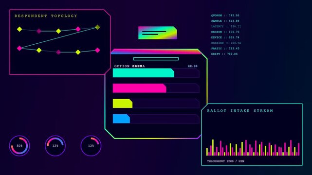 Digital displays showing an interactive poll with vibrant data charts updating in real time across three separate screens showing statistics for modern voting systems analytics