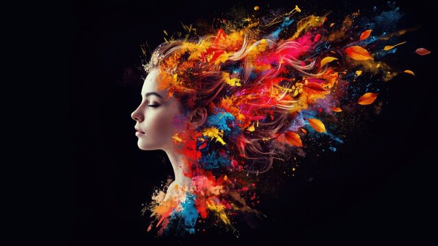 Artistic portrait of a young woman with vibrant paint splashes and autumn leaves exploding from her hair against a black background, creative digital composition