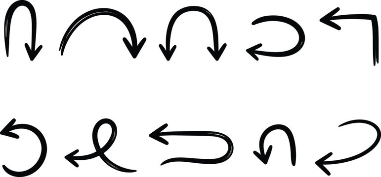Hand Drawn U Turn Return and Reversal Black Arrow Set Vector Illustration