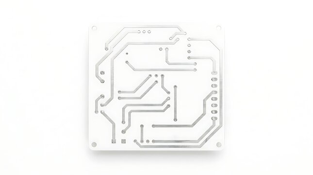 Minimalist square electronic circuit board pattern with metallic silver conductive pathways on clean white background