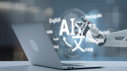 A robotic hand interacts with a laptop, displaying various language options, showcasing the intersection of AI technology and global communication in a modern setting. Salient © InfiniteFlow