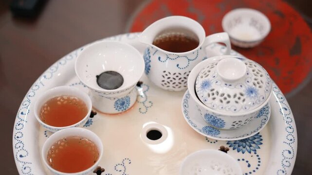 Traditional Chinese tea set with gaiwan and teacups on ornate tray